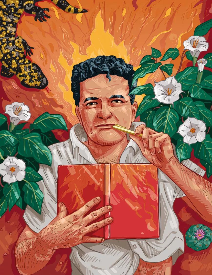 Retrato de Castaneda dibujado por Cristóbal Fortúnez para Cáñamo (Nº 246, junio de 2018).