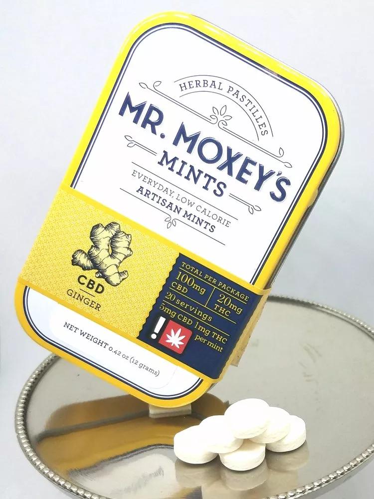 Caramelos de jengibre de CBD Mints de Mr. Moxey’s Mints: Caramelos con sabor jengibre con 5mg CBD o 1mg THC