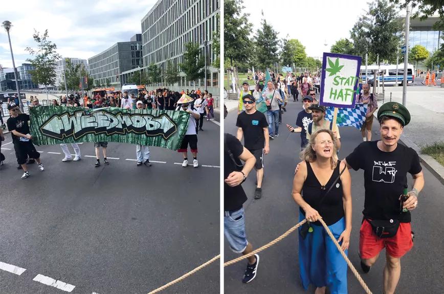 Una protesta con motivo de la consulta para la regulación del cannabis y una instantánea del Hanf Parade del año pasado.