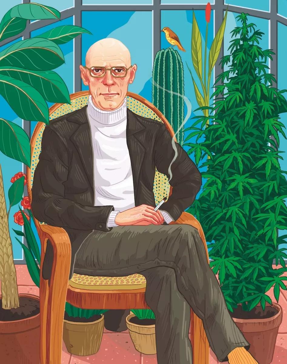 Ilustració de Foucault sentado fumando