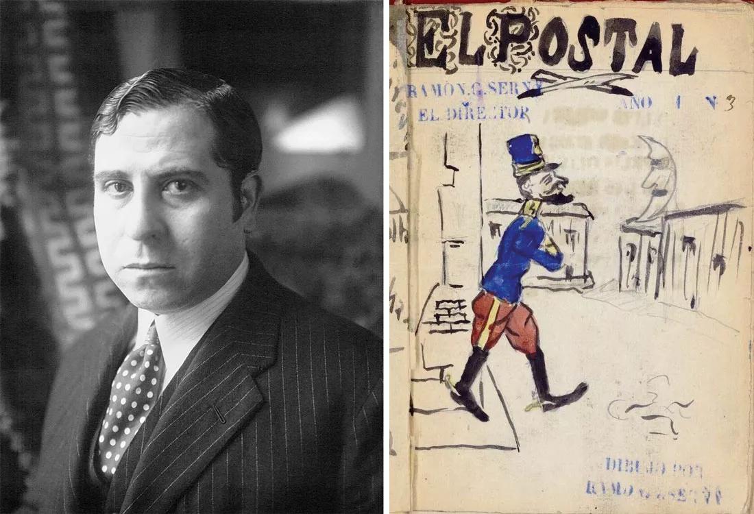 Retrato de Ramón firmado por Meurisse, 1928. “El Postal”. Primer libro creado por Ramón, 1902. 