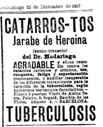 Anuncio de un jarabe de heroína del Dr.Madariaga en el diario La Vanguardia (22 Diciembre 1907)
