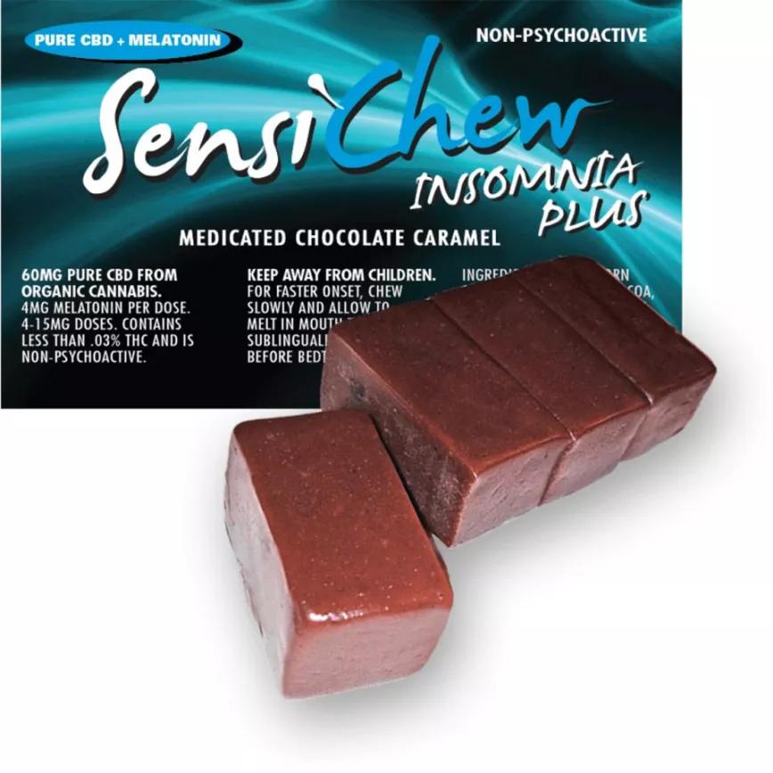 Insomnia Plus CBD by Sensi Chew: Con 4mg de melatonina y 15mg CBD por dosis este chocolate caramelado te va a ayudar con el insomnio.