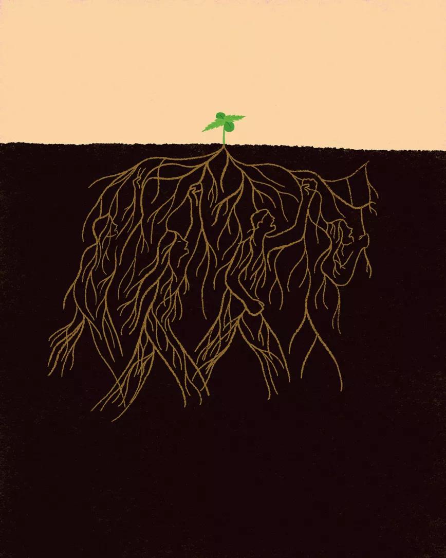 Un lobby con raíces de hierba. Ilustración Martin Elfman