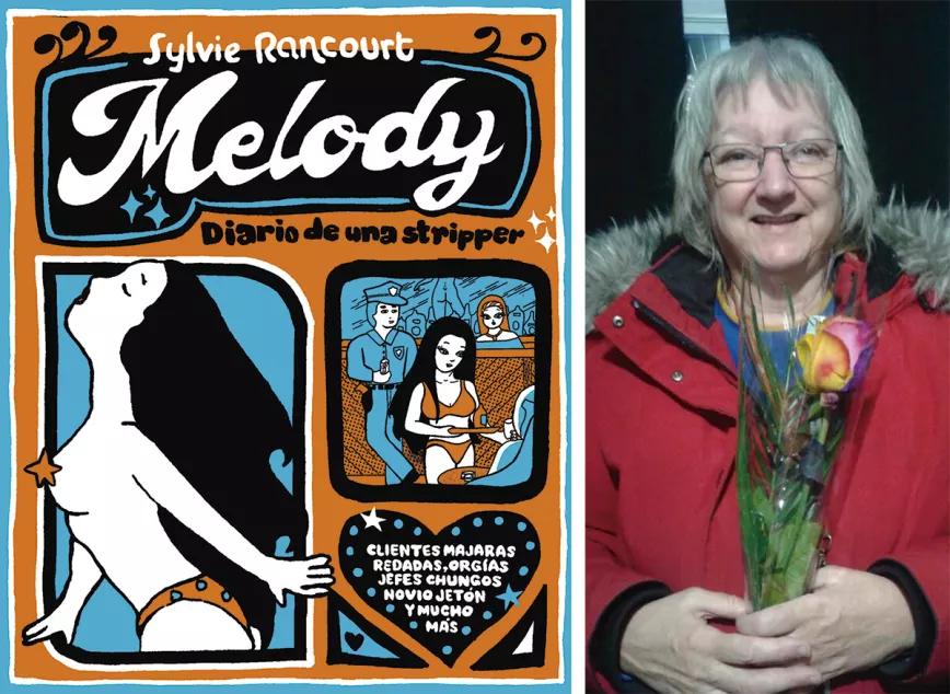 Portada de la edición española de Melody, diario de una stripper (Autsaider Cómics) y una foto actual de la autora.