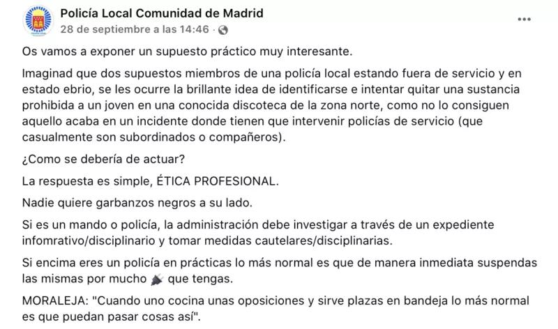 Publicación de la página no oficial de la Policía Local de la Comunidad de Madrid