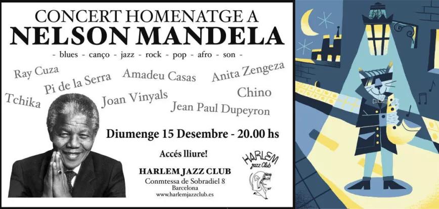 Cartel de un concierto homenaje a Mandela y el gato saxofonista del local.