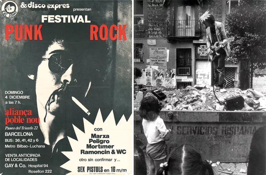 Cartel del Festival de punk rock en el Casino de l’Aliança, en 1977, con la imagen de un Xavi Mortimer nicotinómano y ensangrentado. El cartel fue obra de Josep Llobera, batería de Mortimer. A la derecha, Panotxa, líder de Basura, tocando en la ídem. 1978.