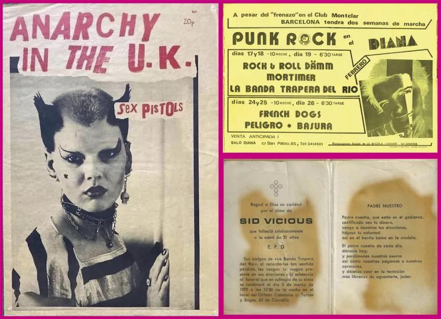 Soo Catwoman en la icónica imagen creada por Jamie Reid para la anunciar la primera gira inglesa de los Sex Pistols, 1976. Volante de uno de los festivales punk con bandas locales que organizó Cuc Sonat en el Saló Diana de Barcelona, 1978. Invitación al concierto-funeral de Sid Vicious organizado por La Banda Trapera del Río, 1979.