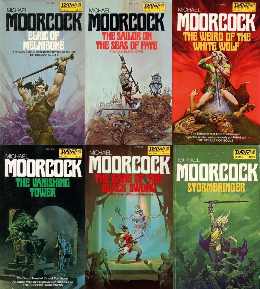 Primeras ediciones de los libros de Moorcock.