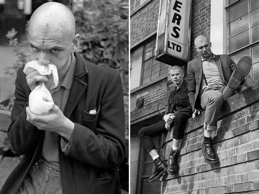 Skinhead esnifando cola a mediados de 1980 y dos skins posando en la misma época.