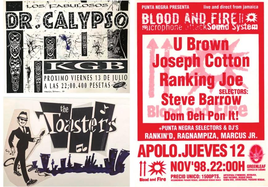 Entrada para un concierto de Dr. Calypso en la sala KGB (1990), cuando el  aprendizaje de Txarly como “diseñador formal” empieza a dar frutos. Póster para  f iesta en la sala Apolo (1998). Y boceto inédito para poster del concierto que ofreció  la mítica banda ska estadounidense The Toasters en Barcelona en 1992