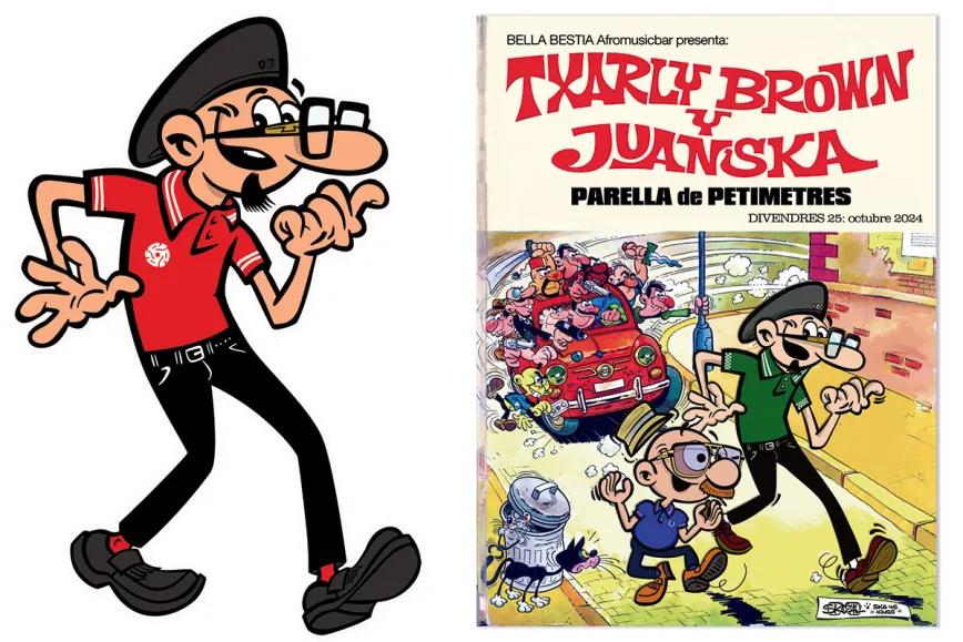 Mortadelo disfrazado de Txarly Brown o Txarly Brown disfrazado de Mortadelo y cartel de una pinchada de Txarly Brown y Juanska Selector en Bella Bestia Afromuisc bar.