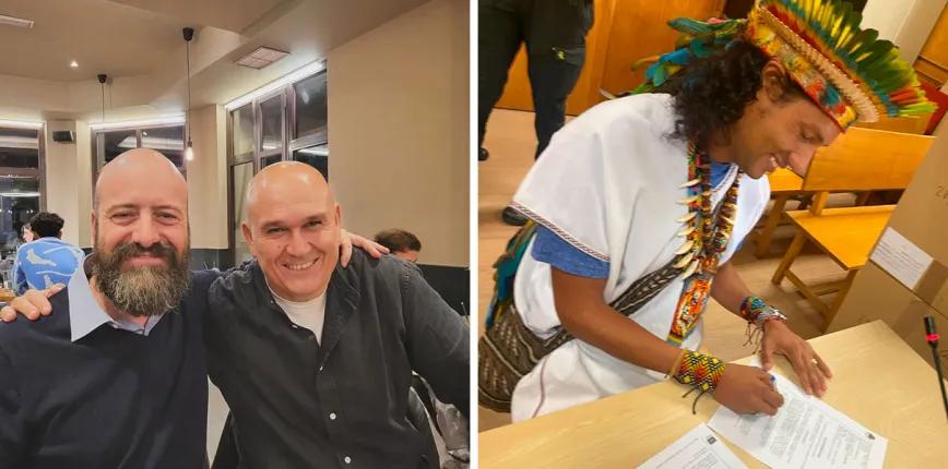 Òscar Palet con el Inspector de Policía Nacional Marcos Quinteiro López, autor de un trabajo pionero sobre los usos de la ayahuasca en España y su encaje legal. A la derecha, Taita Alexander del Pueblo Siona de Colombia firmando la recuperación de los 40 kg de ayahuasca en los Juzgados de Plaza Castilla.