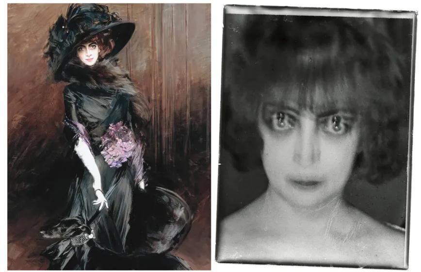 La marquesa italiana Luisa Casati, “una mujer que convierte su vida en espectáculo, rodeada de lujo, excentricidad y arte, muy en la línea del esteticismo decadente”.   Pintada por Giovanni Boldoni en 1908 y fotografiada por Man Ray en 1922