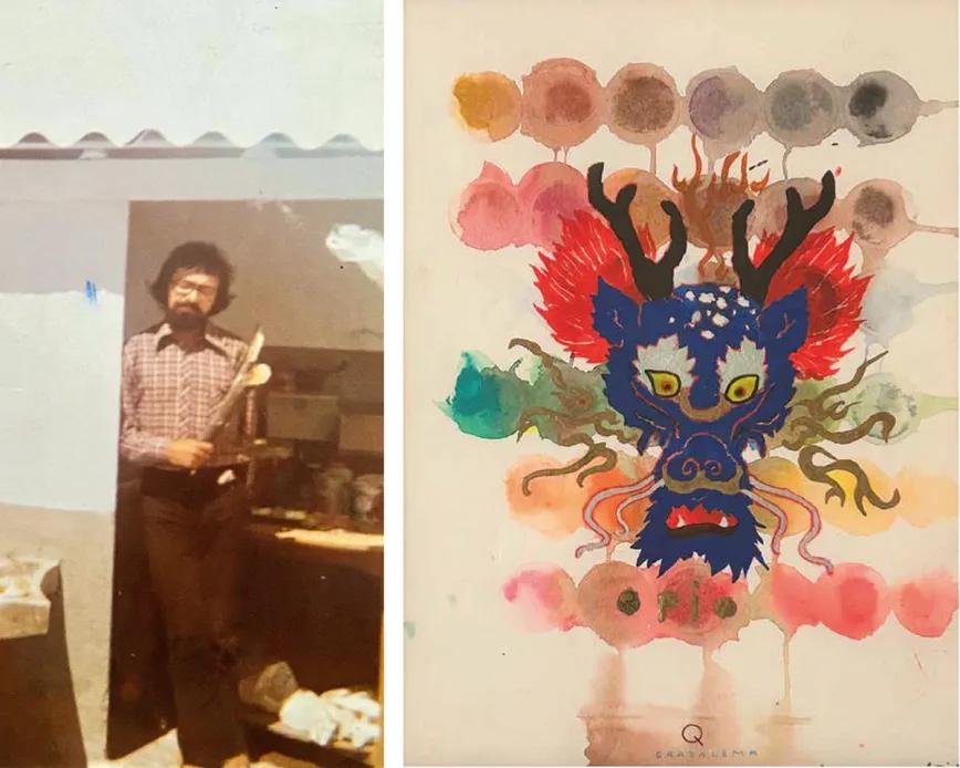 Quico con barba diez en 1973. Dragón del opio II, obra de 2005 (técnica mixta sobre papel, 34,5 x 24 cm).