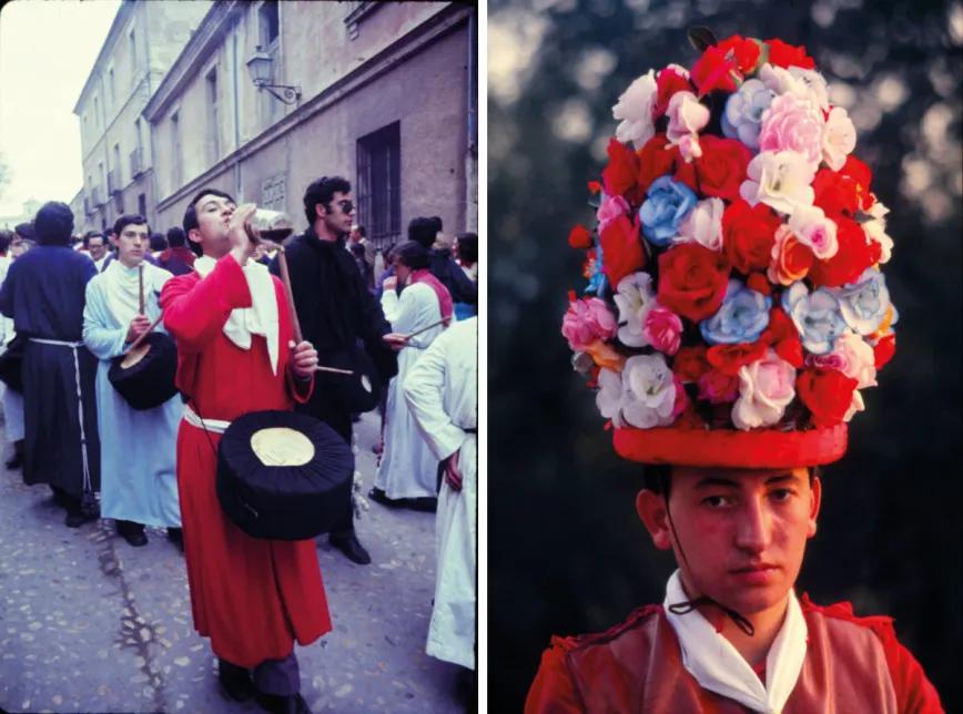 Turbas o heterodoxos penitentes del Viernes Santo se calientan con resoli –aguardiente, café, azúcar y especies– (Cuenca, 1972). A la derecha, Florido sombrero de un Mosquetero del Santísimo presto a proteger Béznar de los moriscos sublevados (Granada, 1982).