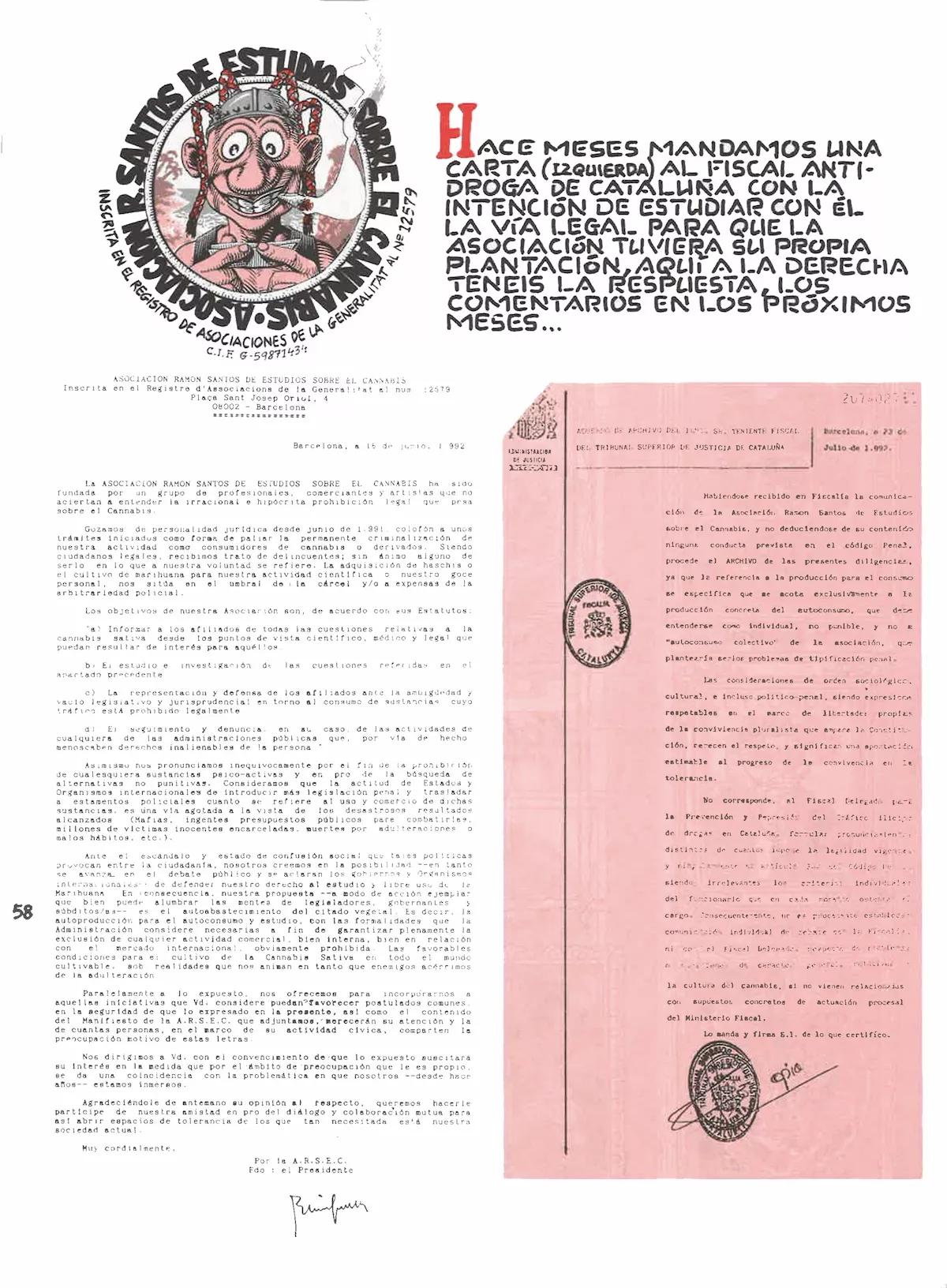 Un documento histórico publicado en su día en <em>Makoki</em>: la carta pidiendo consejo al Fiscal Antidrogas de Cataluña sobre cómo hacer legalmente un cultivo colectivo de cannabis y la contestación a la misma