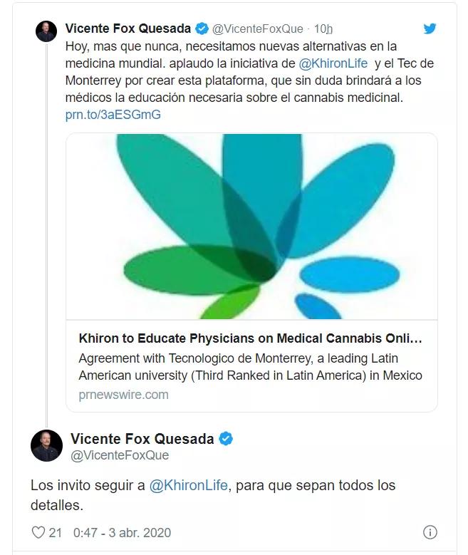 Vicente Fox aparece durante la cuarentena mundial para anunciar su plataforma de cannabis medicinal.