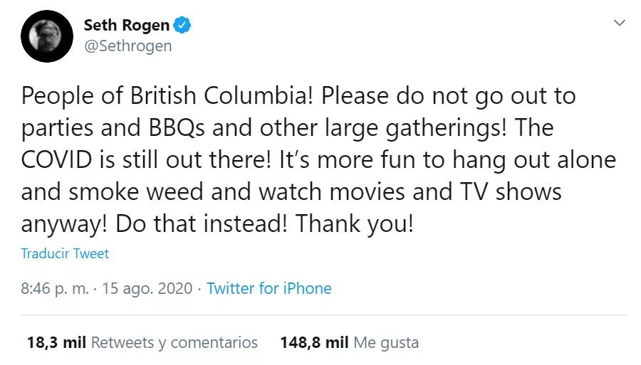 Seth Rogen pide a los chavales que se queden en casa fumando weed para evitar la Covid-19