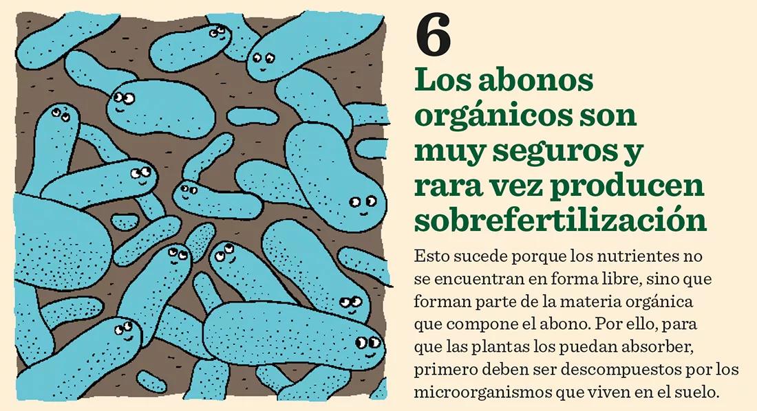 Los abonos orgánicos son muy seguros y rara vez producen sobrefertilización. Esto sucede porque los nutrientes no se encuentran en forma libre, sino que forman parte de la materia orgánica que compone el abono. Por ello, para que las plantas los puedan absorber, primero deben ser descompuestos por los microorganismos que viven en el suelo.