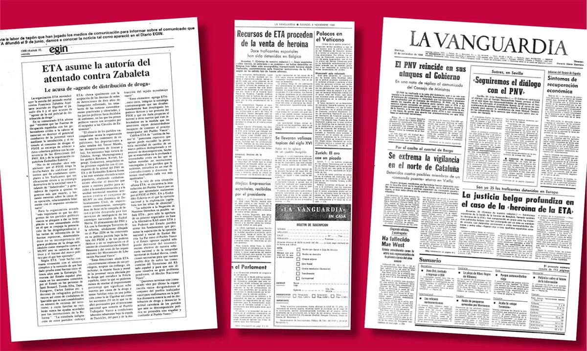 Recortes de periódicos que tratan la ambivalente relación entre ETA y el narcotráfico.
