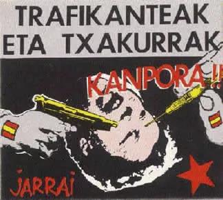 “Traficantes y txakurras, ¡Fuera!”, pegatina de Jarrai de los años 80.