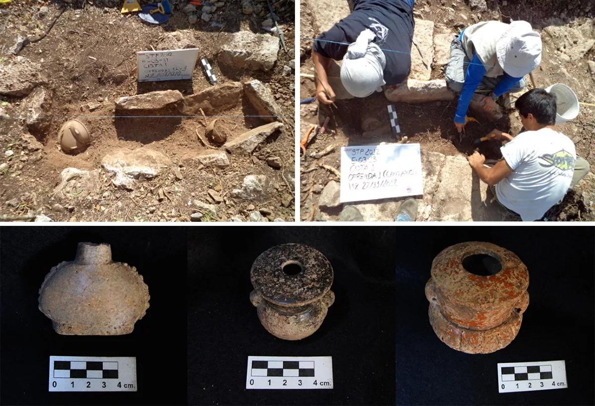 Arqueólogos del personal de PARME excavando un entierro de cista en el sitio de Tamanache, Mérida, Yucatán.