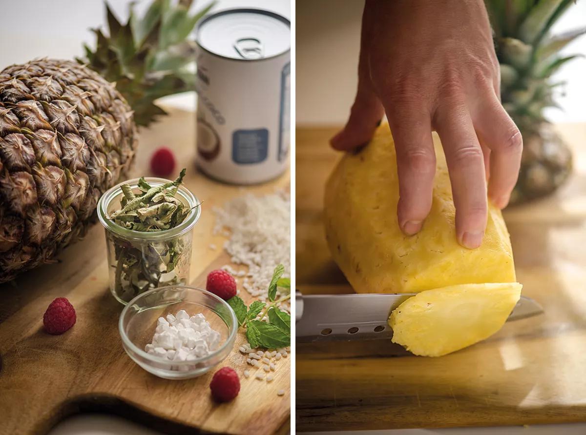 Canelón de piña y arroz con leche de coco CBD Tonic sobre salsa de hierba luisa 