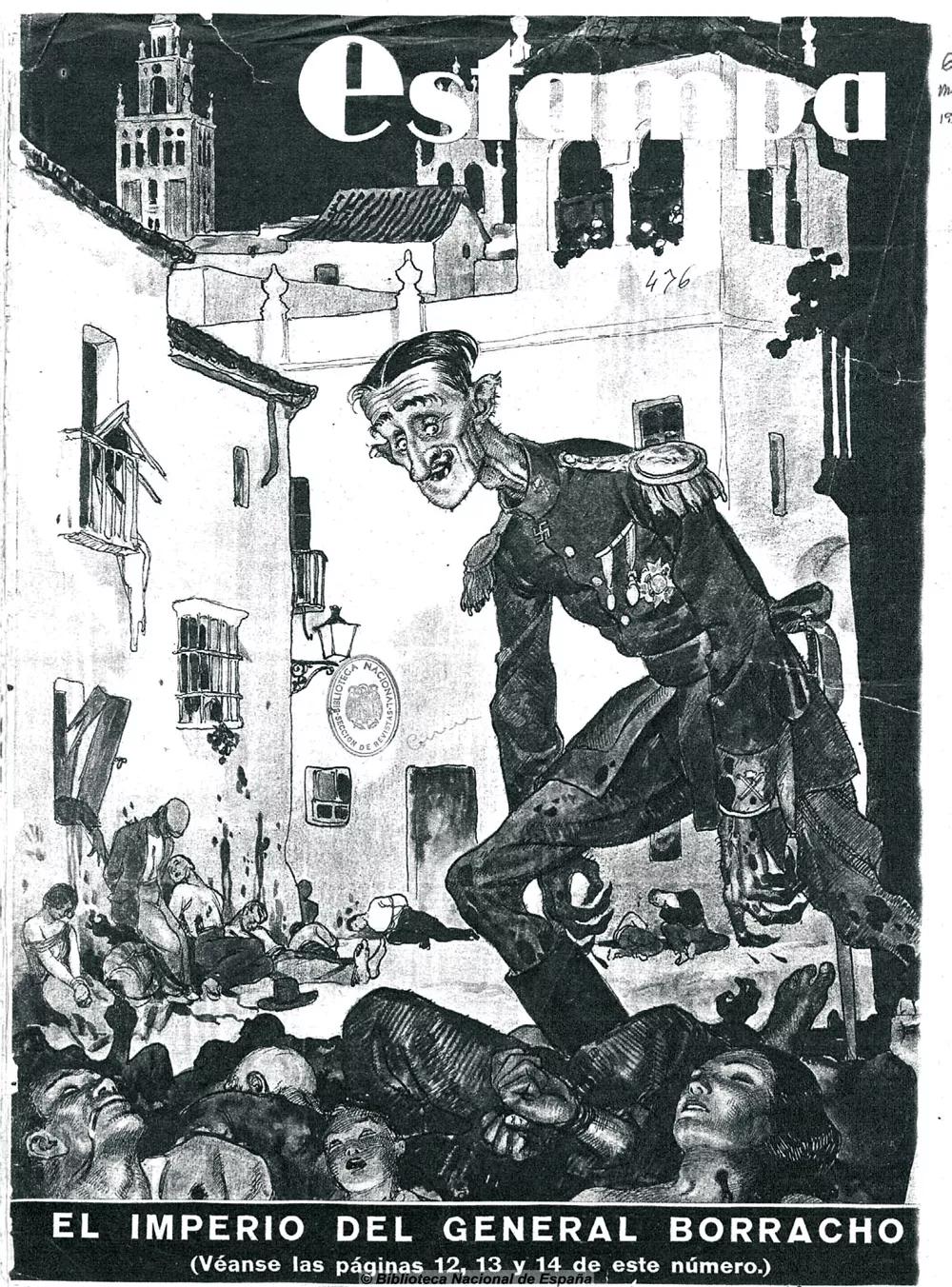 Una caricatura de Queipo de Llano en Sevilla, “El imperio del general borracho” (Estampa, 6-3-1937).