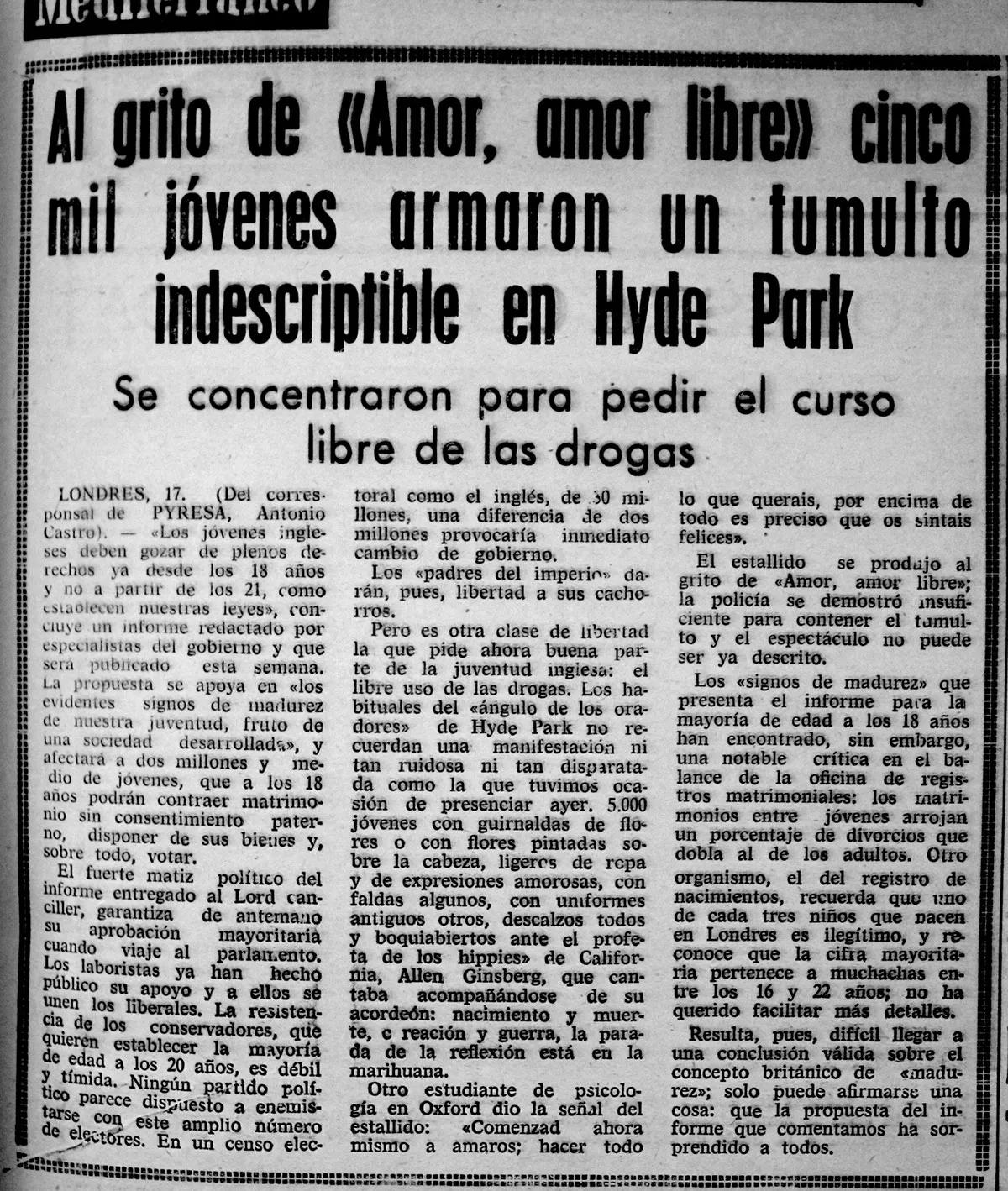 La prensa española se hizo eco de la fumada colectiva con inspirados  titulares como este del diario Mediterráneo (18-7-1967)