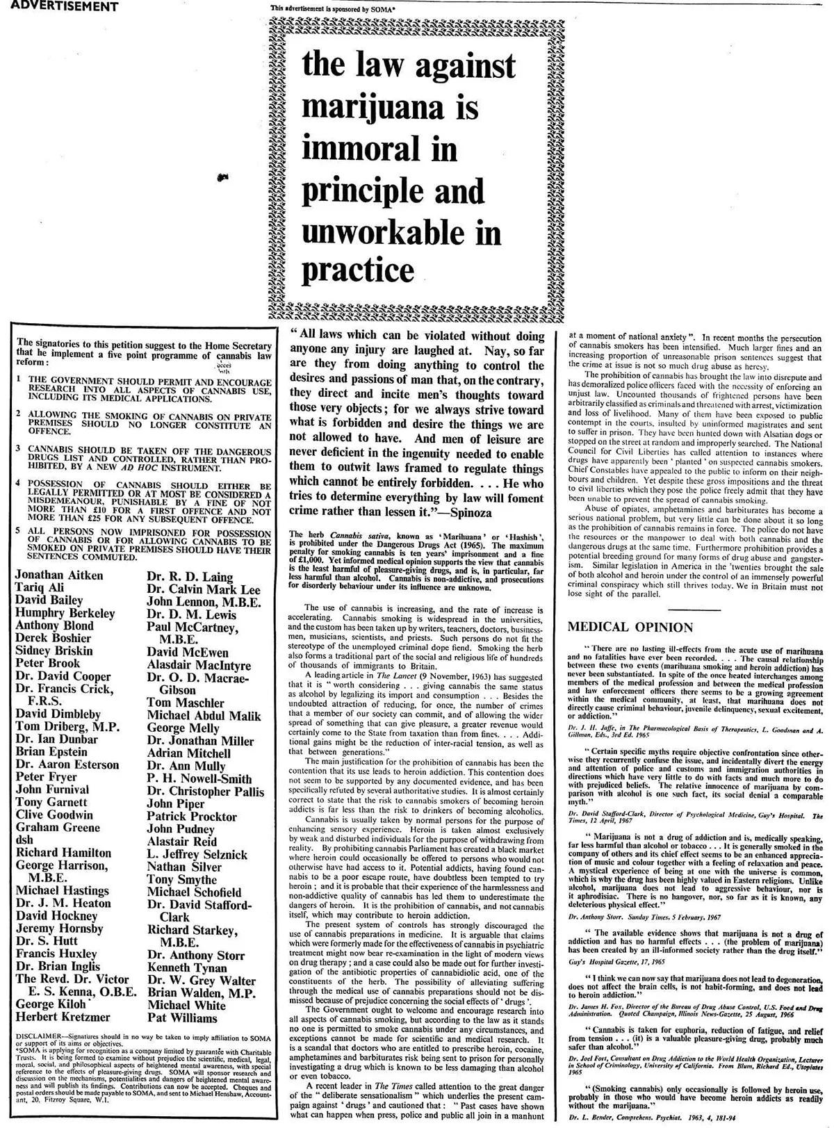 Anuncio en The Times del 24 de julio de  1967 en el que se pide la legalización de la mariguana. Fue sufragado por Paul McCartney y firmado por respetados  intelectuales y artistas de la época: John Lennon, Peter Brook, David Cooper, R. D. Laing, Brian Epstein, Graham Greene y  David Hockney, entre otros