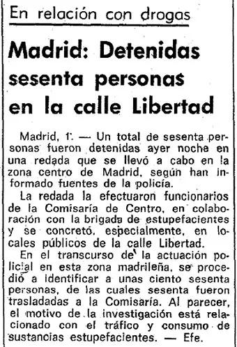 Noticia aparecida en La Vanguardia (02/02/1978) sobre la redada contra los consumidores de hachís efectuada en la calle Libertad de Madrid.