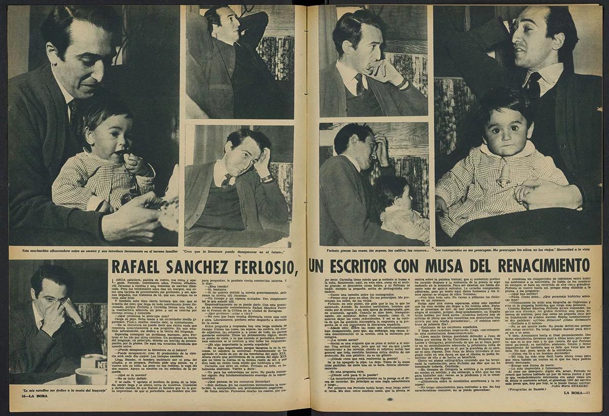 La publicación de El Jarama, Premio Nadal 1955,  convirtió a Ferlosio en un escritor conocido. En la imagen un reportaje donde posa con su hija Marta.