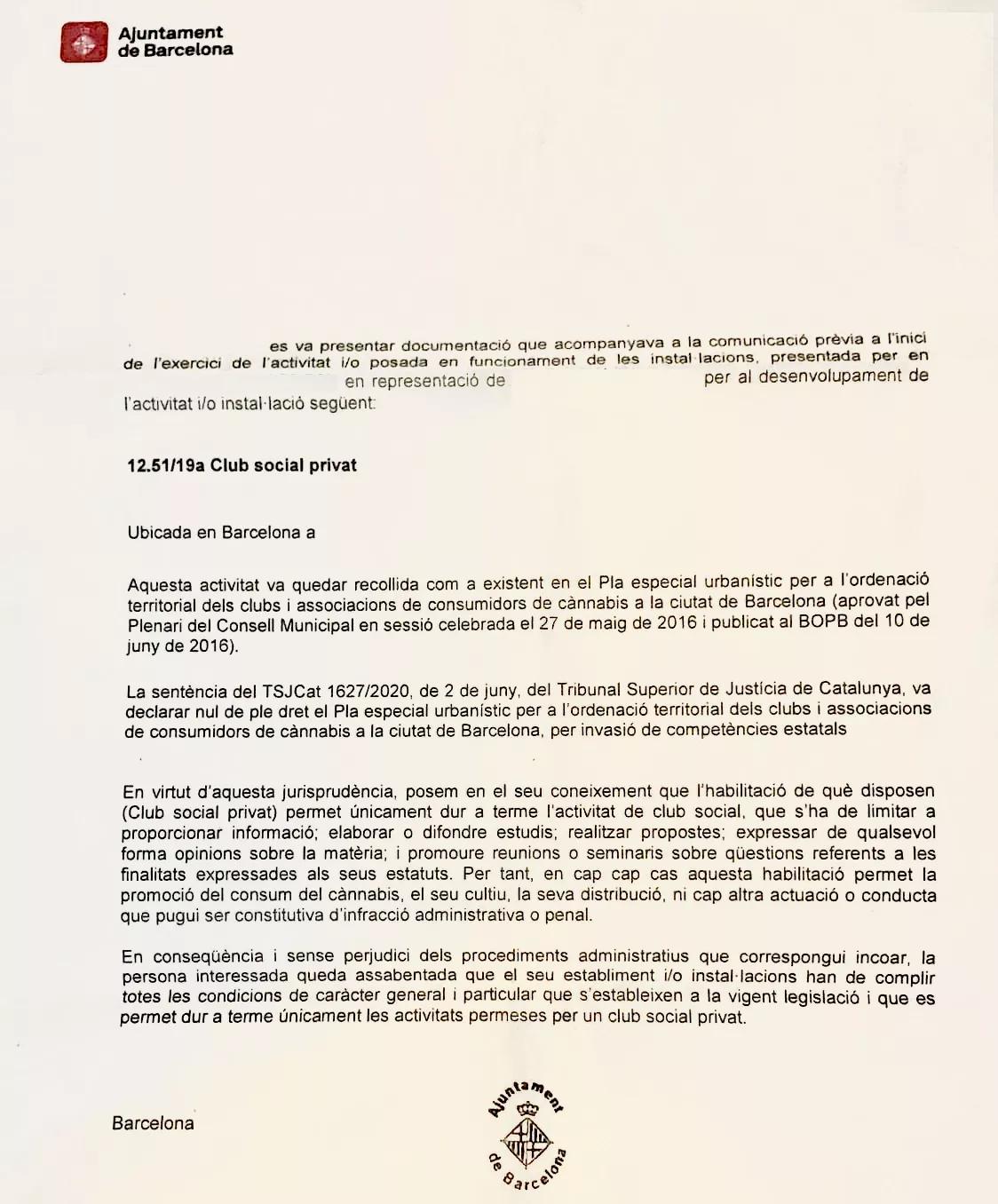 Carta enviada desde el Ayuntamiento de Barcelona a los clubs de cannabis. 