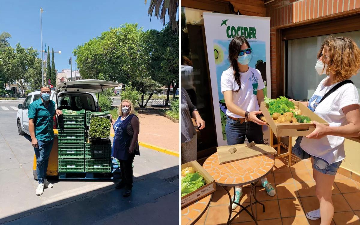 Entrega de cestas al Banco de Alimentos de Córdoba. A la derecha, las cestas llegan a sus destinatarios en uno de los centros de desarrollo rural en Palencia.