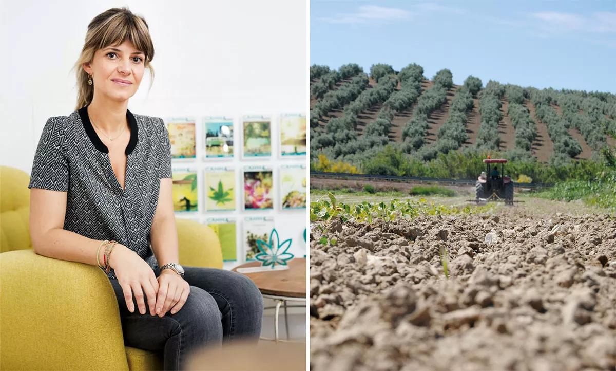 Susan Van Brunschot, directora de CANNA España. A la derecha, el tractor prepara la tierra para el cultivo solidario en Córdoba.
