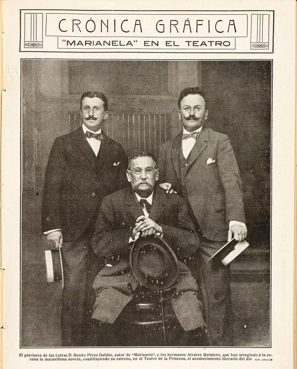 Galdós con los hermanos Álvarez Quintero, con ocasión del estreno en teatro de Marianela.