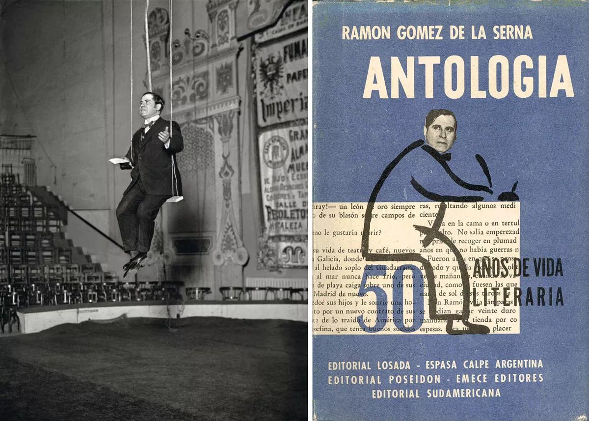 Sobre el trapecio, durante una conferencia en el Circo Price en 1923, retratado por Luis R. Marín. Y cubierta de una antología de sus textos