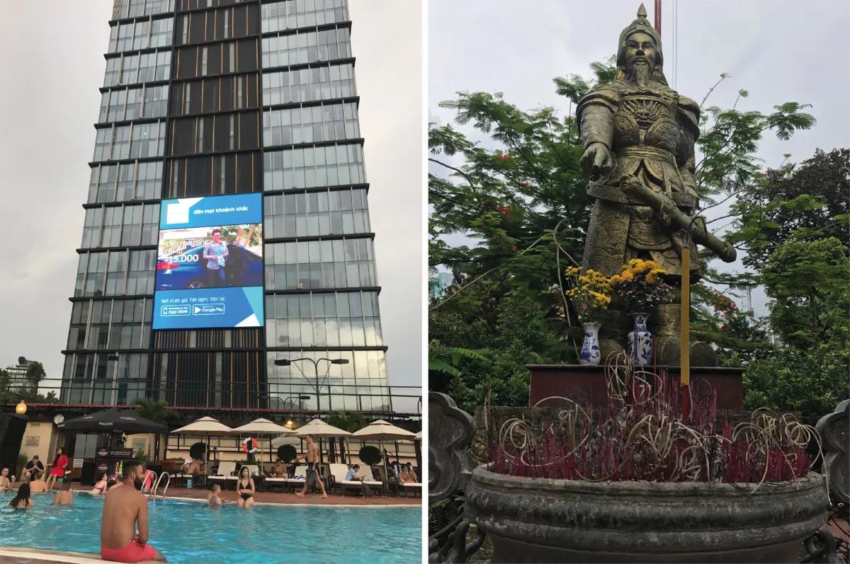 En ciudades como Ho Chi Minh, la más poblada de Vietnam, el descanso se encuentra en la piscina de un hotel. A la derecha, estatua guerrera en Hanói.
