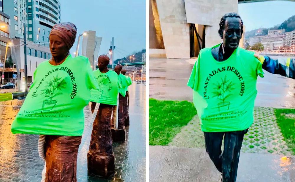 Activistas vascos cubren con camisetas cannábicas varias estatuas de Euskadi 