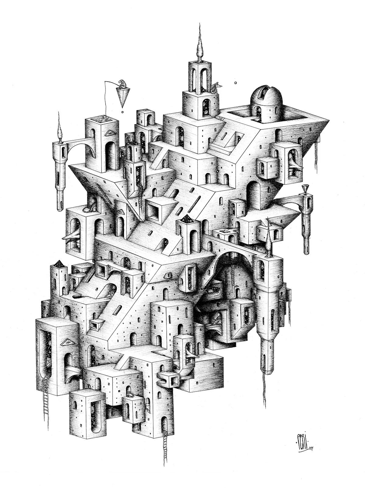 Zigurat nº2, tinta sobre papel (37x51 cm), 2014.