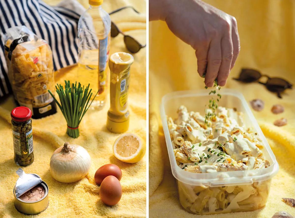 Ensalada de pasta con atún, alcaparras y mahonesa cannábica de mostaza