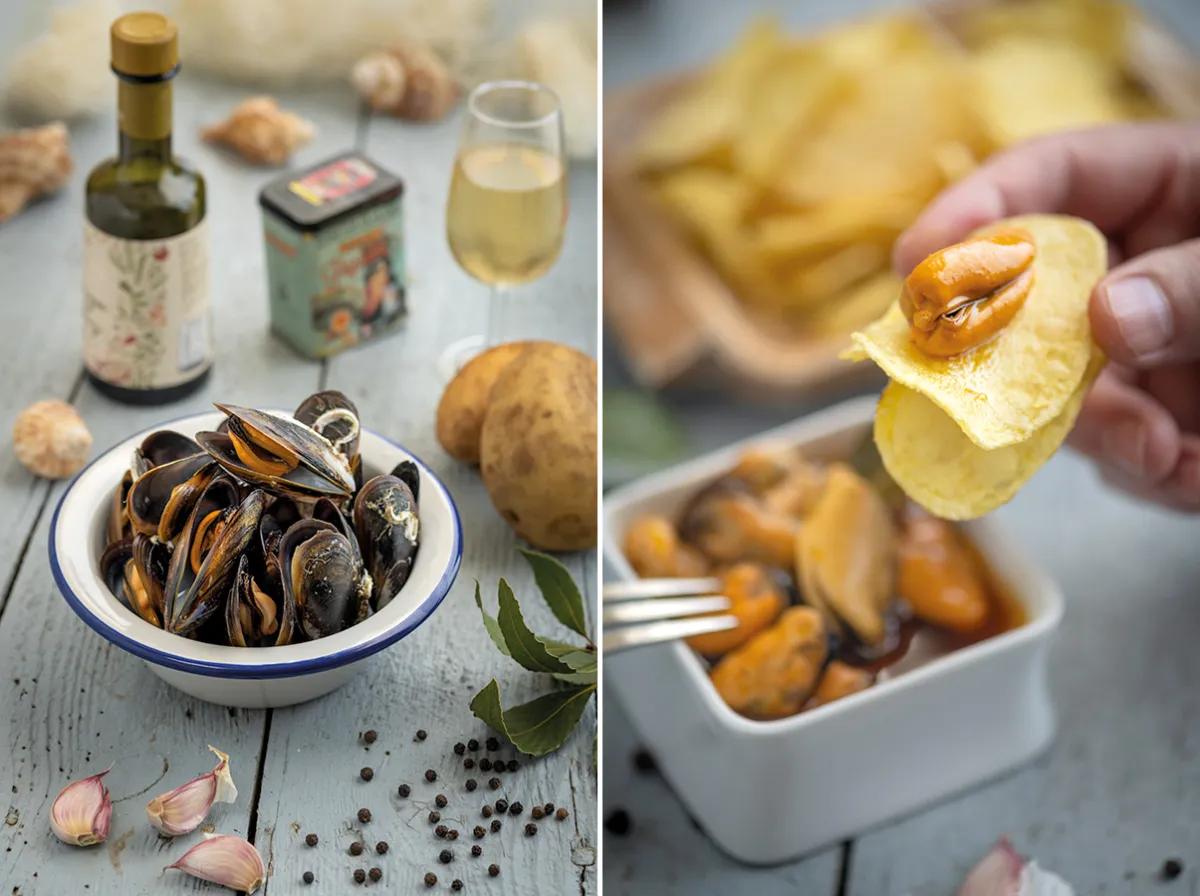 Un aperitivo curativo Mejillones en ‘escannabeche’ con patatas chips
