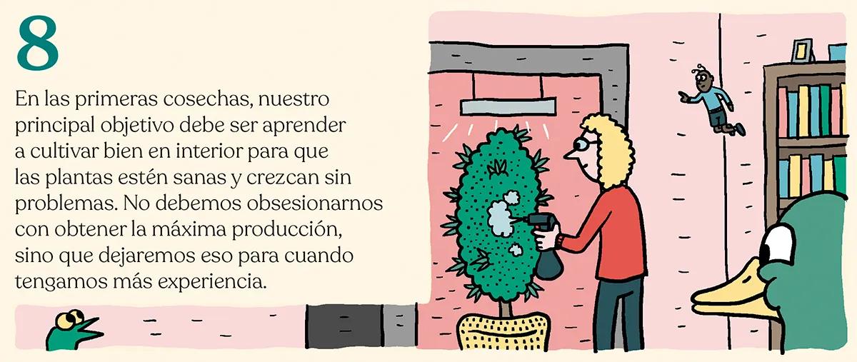 8.	En las primeras cosechas, nuestro principal objetivo debe ser aprender a cultivar bien en interior para que las plantas estén sanas y crezcan sin problemas. No debemos obsesionarnos con obtener la máxima producción, sino que dejaremos eso para cuando tengamos más experiencia. 