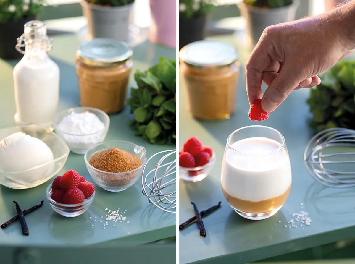 Mousse’ de queso y Super Boff con tofe salado y frambuesas 